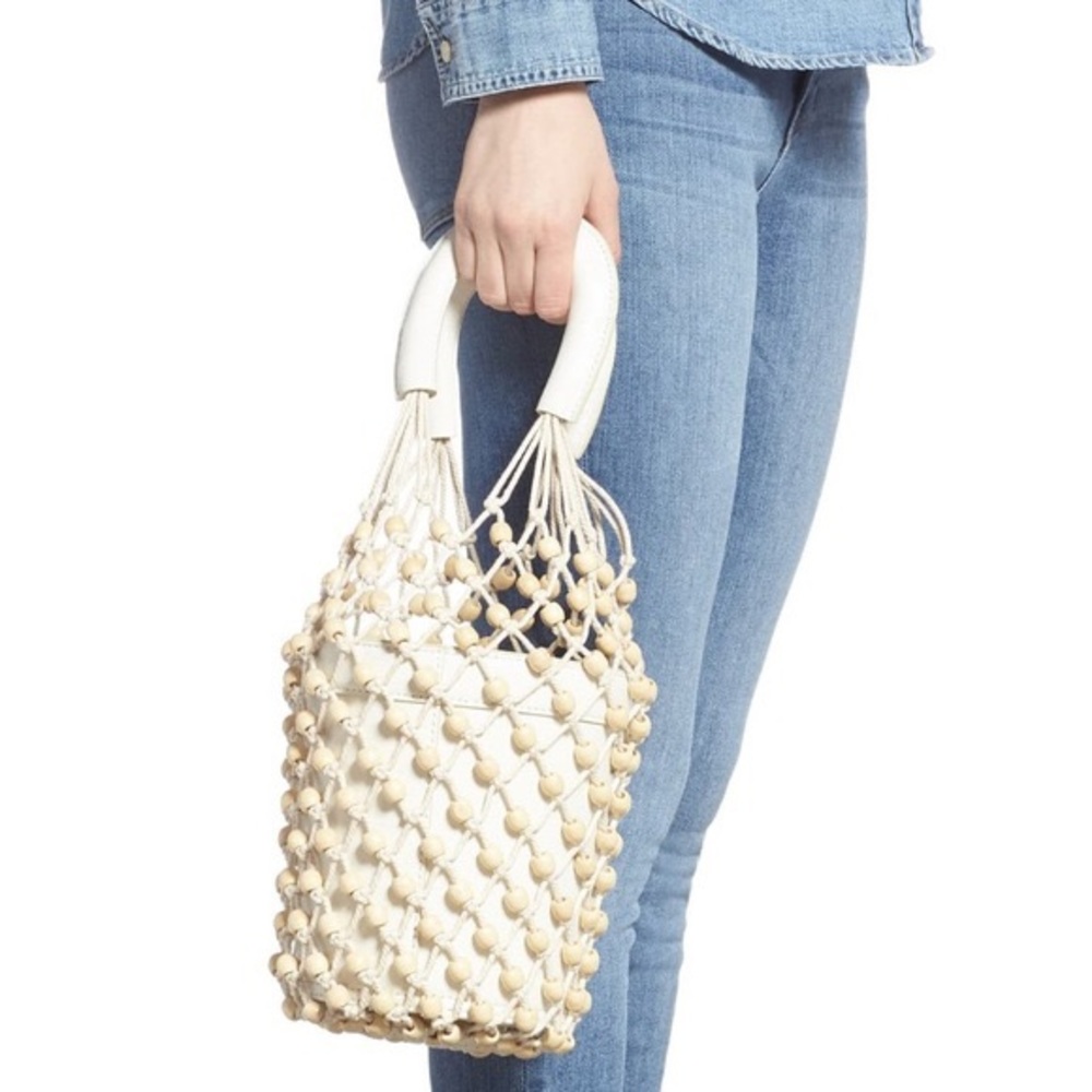 Staud Moreau Net Bucket Bag White Leather Beaded